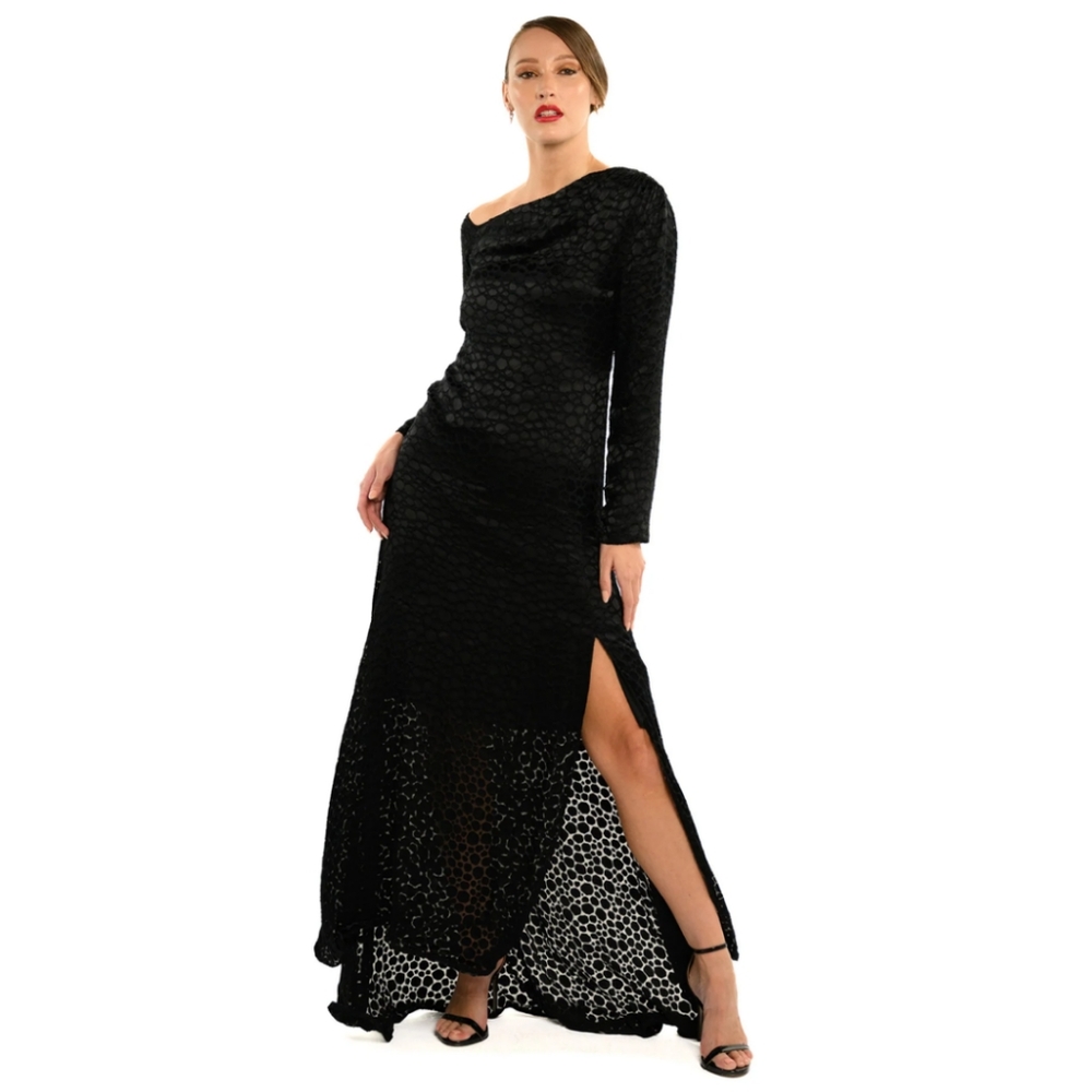 CENIA NEW YORK The Asymmetric Shoulder Side Slit Classic black long dress